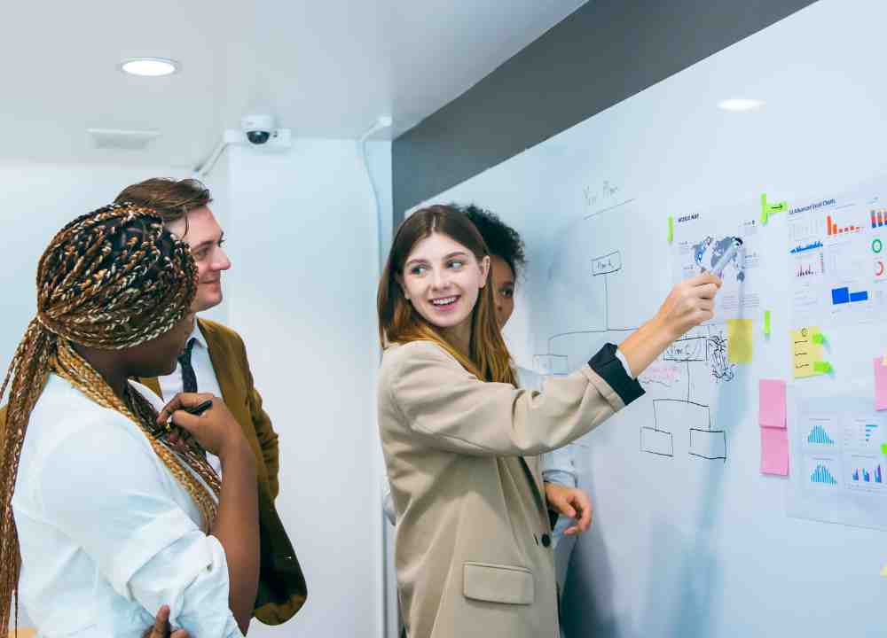 A team of professionals gathered around a table, reviewing a project plan with changing deadlines, symbolizing adaptability in managing project changes.